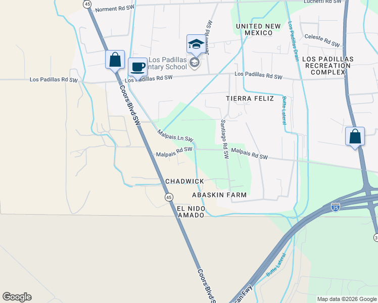 map of restaurants, bars, coffee shops, grocery stores, and more near 2700 Malpais Road Southwest in Albuquerque