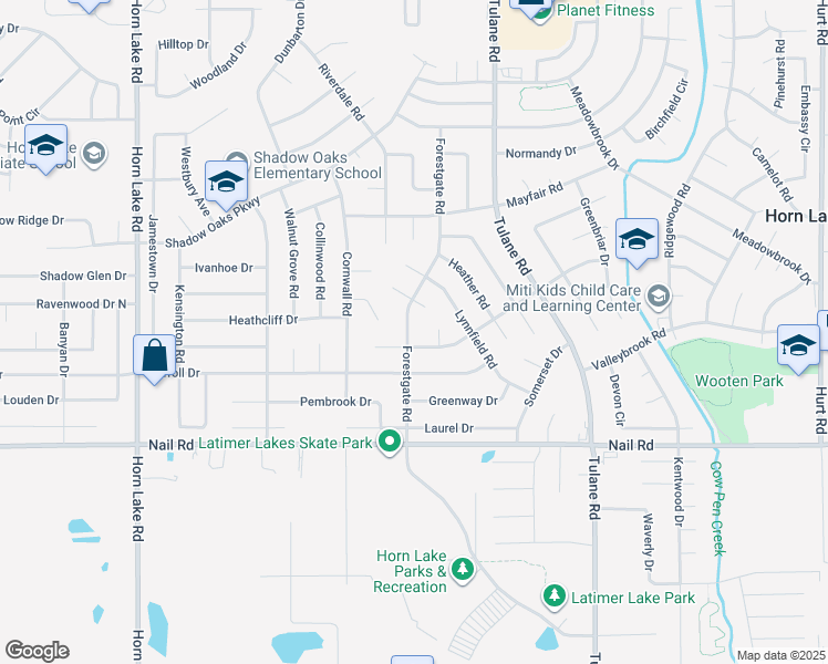 map of restaurants, bars, coffee shops, grocery stores, and more near 3416 Fairmeadow Drive in Horn Lake