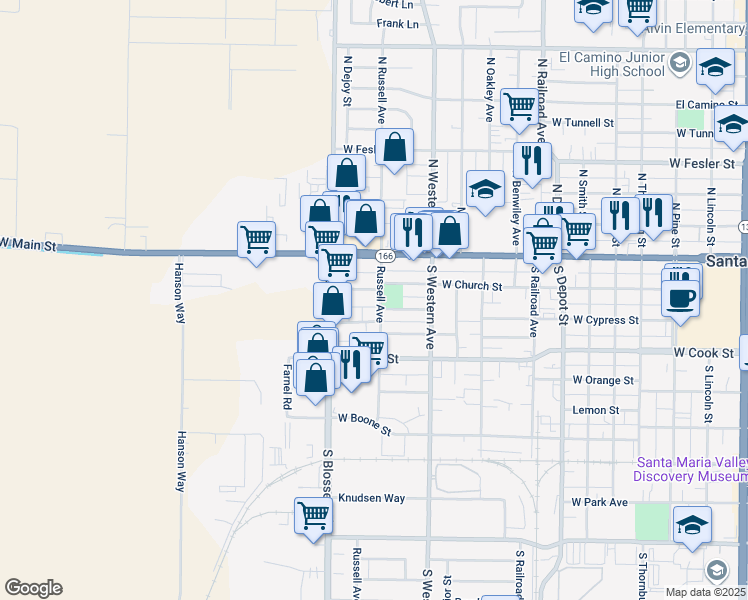 map of restaurants, bars, coffee shops, grocery stores, and more near 211 South Russell Avenue in Santa Maria