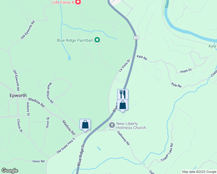 map of restaurants, bars, coffee shops, grocery stores, and more near 340 La Vista Drive in Blue Ridge