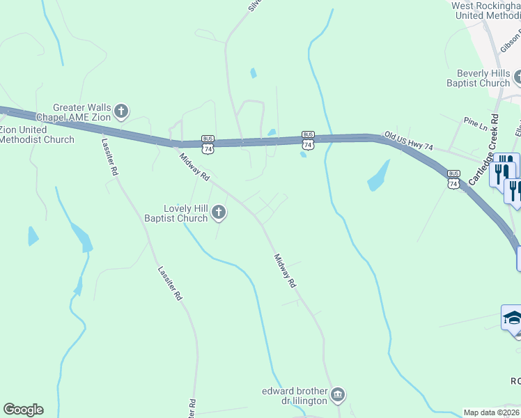 map of restaurants, bars, coffee shops, grocery stores, and more near 117 Pemberton Lane in Rockingham