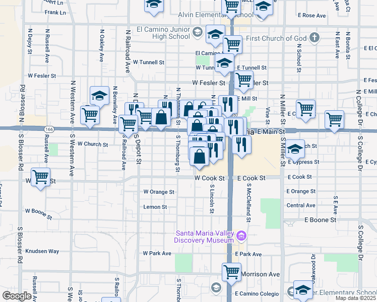 map of restaurants, bars, coffee shops, grocery stores, and more near 310 West Church Street in Santa Maria