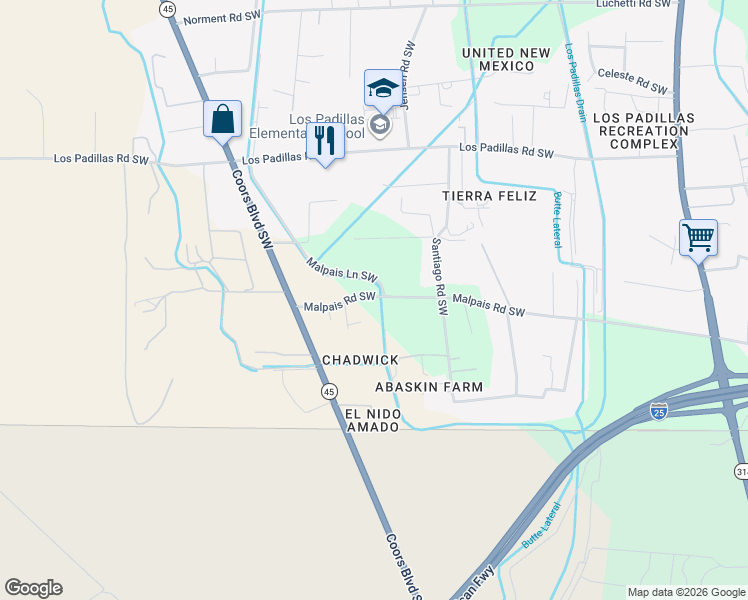 map of restaurants, bars, coffee shops, grocery stores, and more near 2700 Malpais Road Southwest in Albuquerque