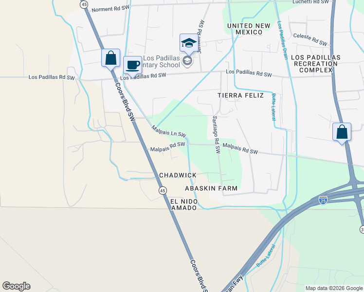 map of restaurants, bars, coffee shops, grocery stores, and more near 2700 Malpais Road Southwest in Albuquerque