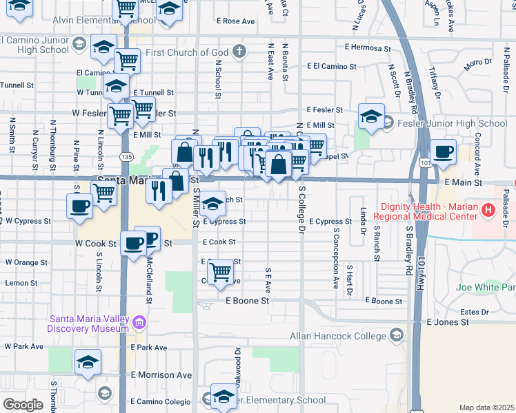 map of restaurants, bars, coffee shops, grocery stores, and more near 616 East Church Street in Santa Maria