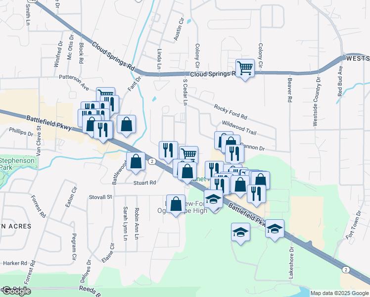 map of restaurants, bars, coffee shops, grocery stores, and more near 220 South Cedar Lane in Fort Oglethorpe