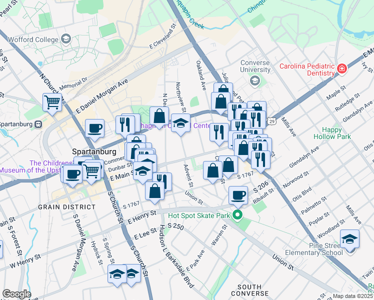 map of restaurants, bars, coffee shops, grocery stores, and more near 320 East Main Street in Spartanburg