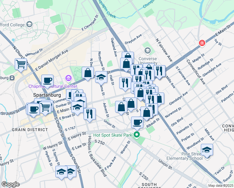 map of restaurants, bars, coffee shops, grocery stores, and more near in Spartanburg
