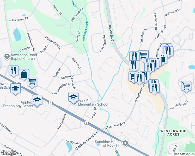 map of restaurants, bars, coffee shops, grocery stores, and more near 2114 Cavendale Drive in Rock Hill