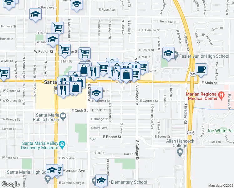 map of restaurants, bars, coffee shops, grocery stores, and more near 616 East Church Street in Santa Maria