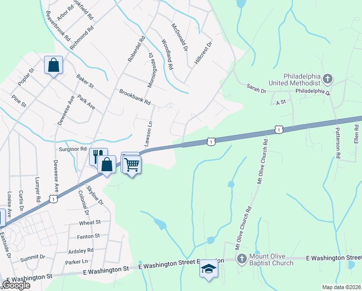 map of restaurants, bars, coffee shops, grocery stores, and more near U.S. 1 in Rockingham