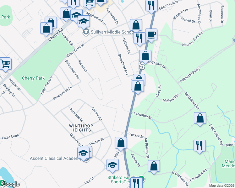 map of restaurants, bars, coffee shops, grocery stores, and more near 1651 Pineburr Lane in Rock Hill