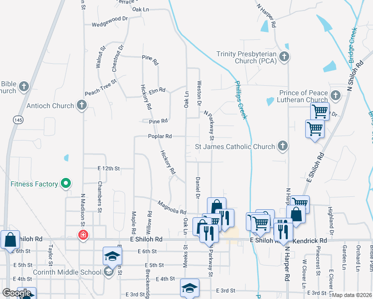 map of restaurants, bars, coffee shops, grocery stores, and more near 2051 Oak Ln in Corinth