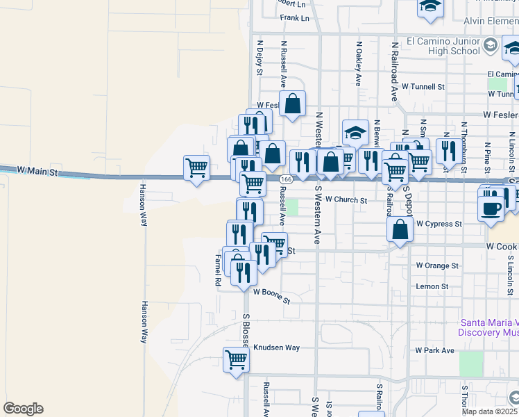 map of restaurants, bars, coffee shops, grocery stores, and more near 1129 West Cypress Street in Santa Maria