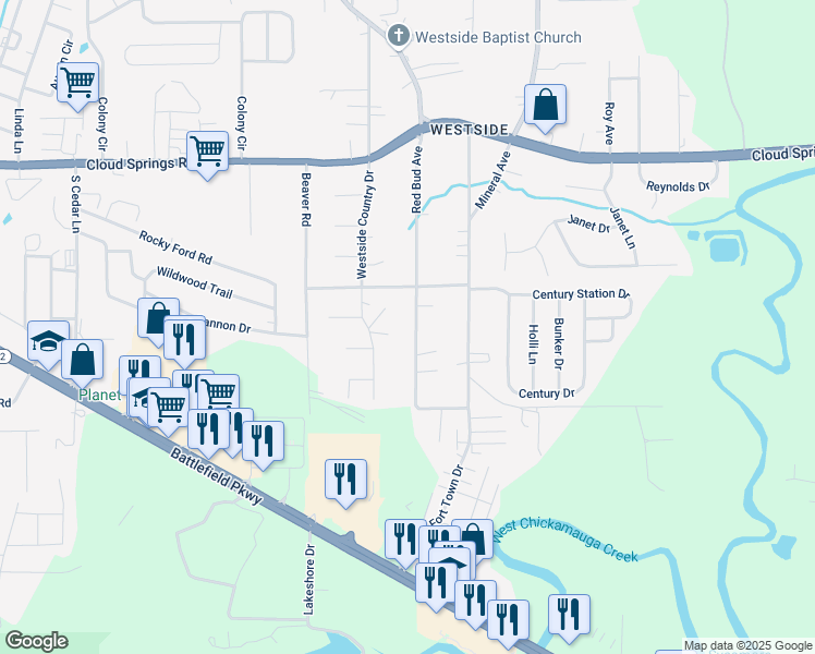 map of restaurants, bars, coffee shops, grocery stores, and more near 451 Red Bud Avenue in Rossville