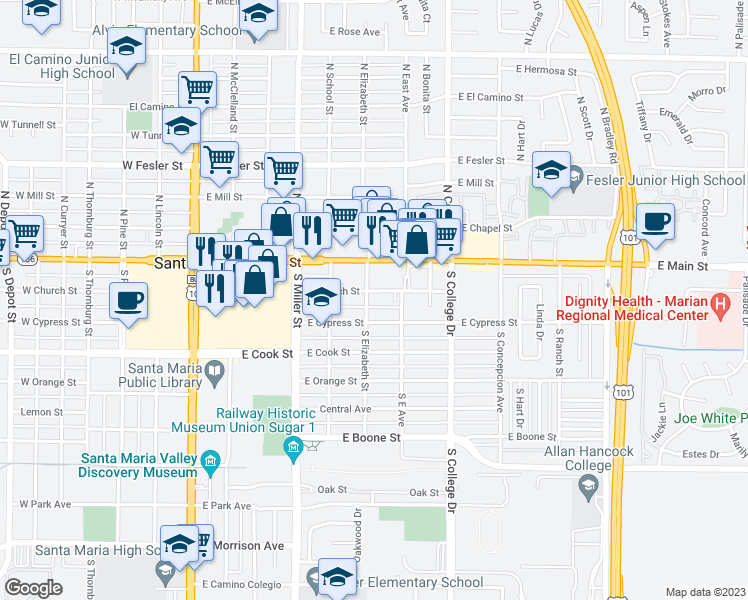 map of restaurants, bars, coffee shops, grocery stores, and more near 606 East Church Street in Santa Maria