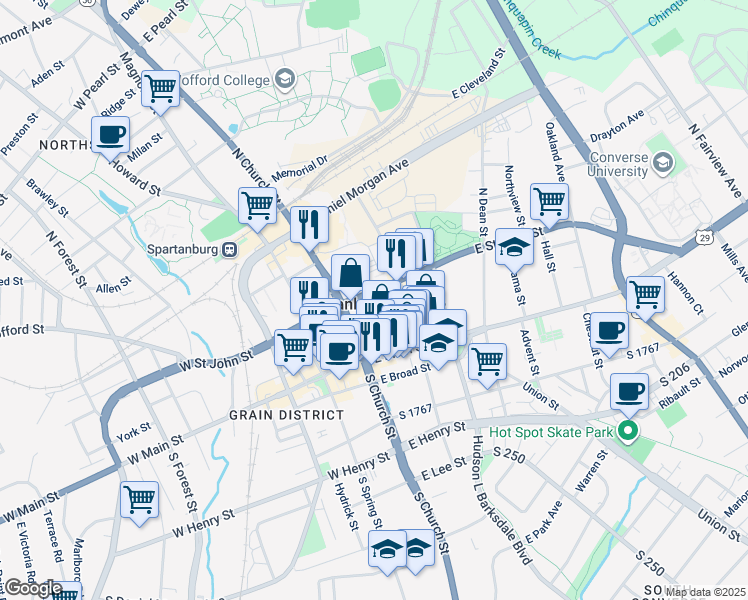 map of restaurants, bars, coffee shops, grocery stores, and more near 147 East Saint John Street in Spartanburg