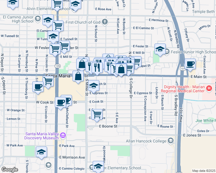 map of restaurants, bars, coffee shops, grocery stores, and more near 602 East Church Street in Santa Maria