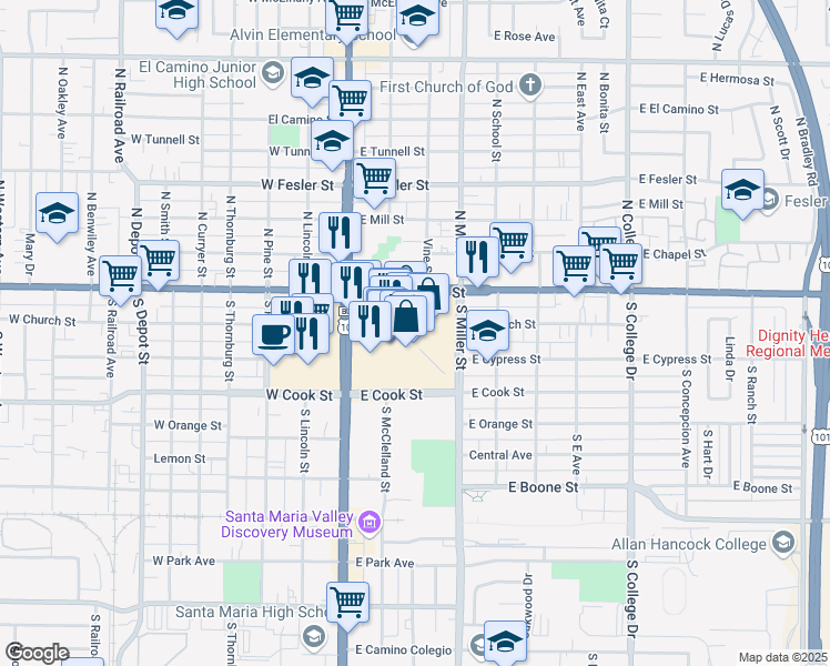 map of restaurants, bars, coffee shops, grocery stores, and more near 200 Town Center East in Santa Maria