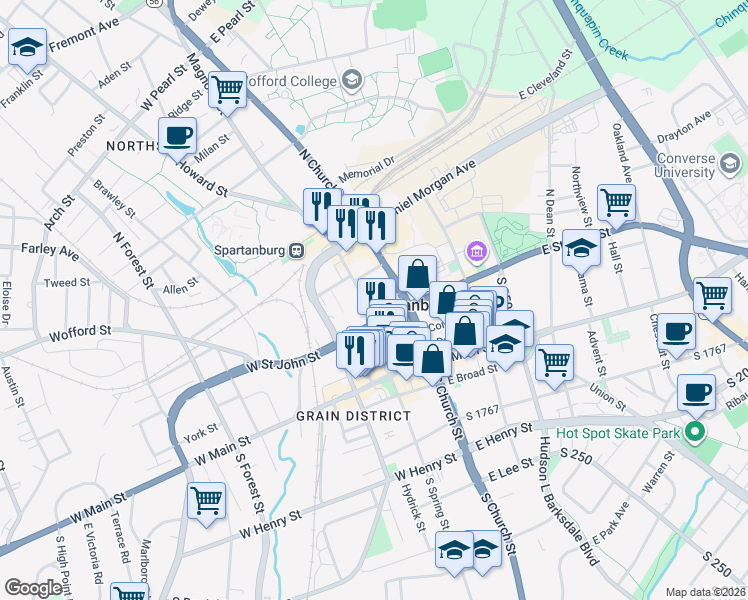 map of restaurants, bars, coffee shops, grocery stores, and more near 201 Magnolia Street in Spartanburg