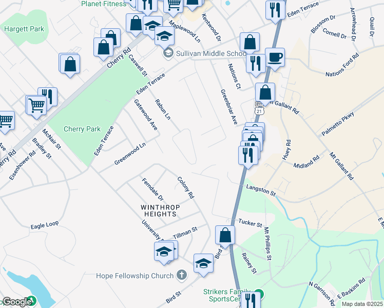 map of restaurants, bars, coffee shops, grocery stores, and more near 604 Rabun Circle in Rock Hill