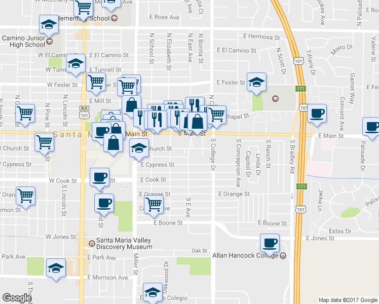 map of restaurants, bars, coffee shops, grocery stores, and more near 200 South East Avenue in Santa Maria