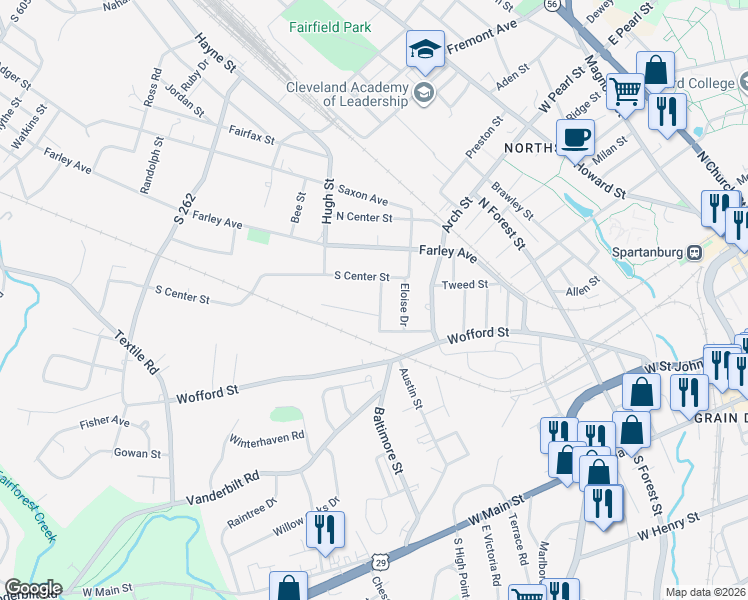 map of restaurants, bars, coffee shops, grocery stores, and more near 448 Tryon Street in Spartanburg
