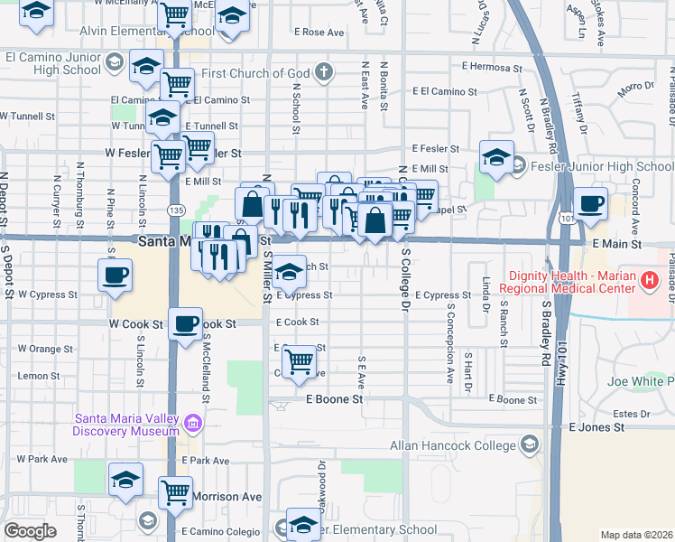 map of restaurants, bars, coffee shops, grocery stores, and more near 608 East Church Street in Santa Maria