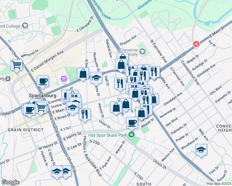 map of restaurants, bars, coffee shops, grocery stores, and more near in Spartanburg