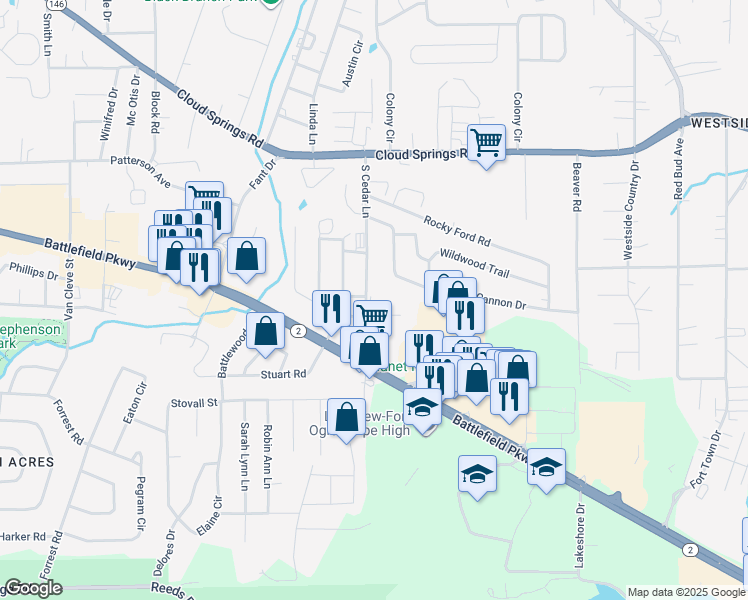 map of restaurants, bars, coffee shops, grocery stores, and more near 220 South Cedar Lane in Fort Oglethorpe