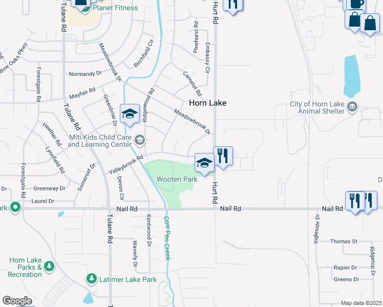 map of restaurants, bars, coffee shops, grocery stores, and more near 2580 Valleybrook Road in Horn Lake