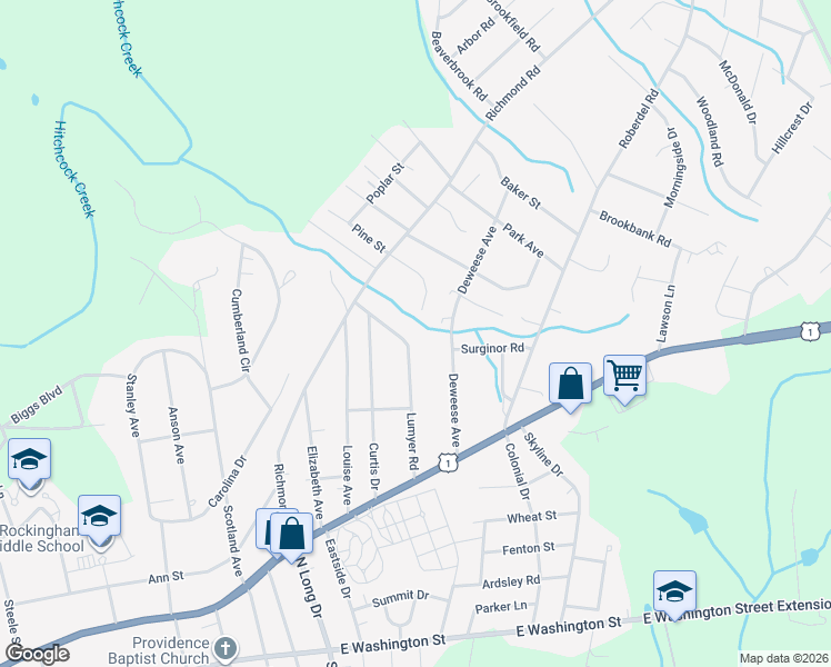 map of restaurants, bars, coffee shops, grocery stores, and more near 429 Lumyer Road in Rockingham