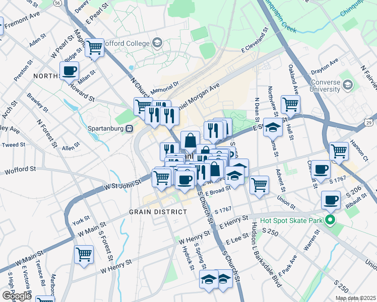 map of restaurants, bars, coffee shops, grocery stores, and more near in Spartanburg