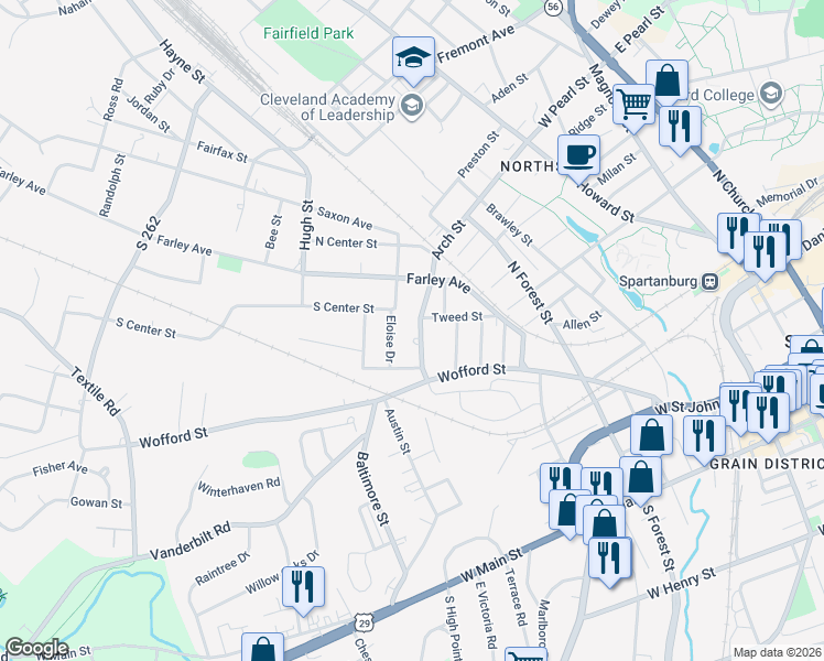 map of restaurants, bars, coffee shops, grocery stores, and more near 446 Arch Street in Spartanburg