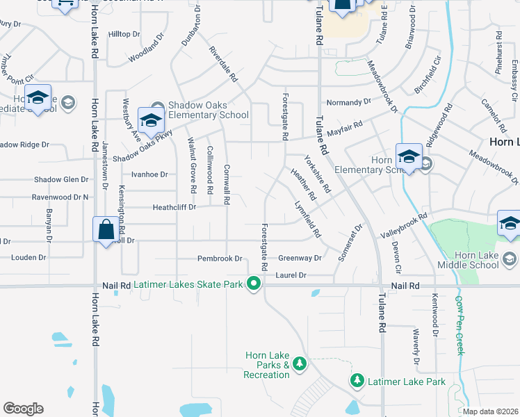 map of restaurants, bars, coffee shops, grocery stores, and more near 6265 Forestgate Road in Horn Lake