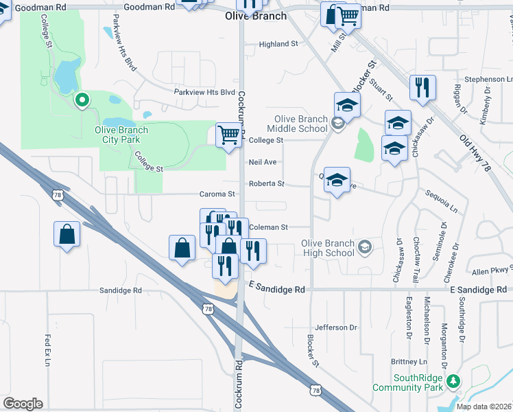 map of restaurants, bars, coffee shops, grocery stores, and more near Rue de Maison Neuve in Olive Branch