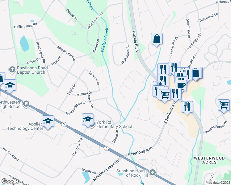 map of restaurants, bars, coffee shops, grocery stores, and more near 2114 Cavendale Drive in Rock Hill
