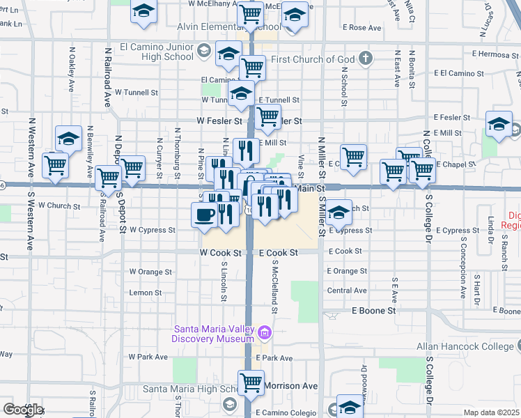 map of restaurants, bars, coffee shops, grocery stores, and more near 200 Town Center East in Santa Maria