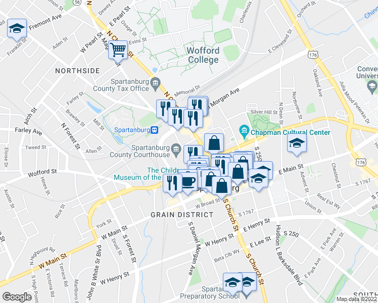 map of restaurants, bars, coffee shops, grocery stores, and more near 205 Magnolia Street in Spartanburg