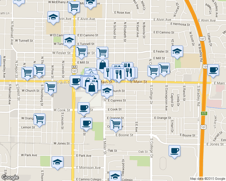 map of restaurants, bars, coffee shops, grocery stores, and more near 425 East Church Street in Santa Maria