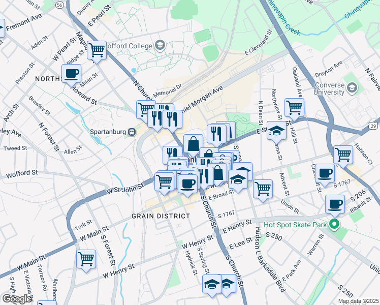 map of restaurants, bars, coffee shops, grocery stores, and more near 187 North Church Street in Spartanburg