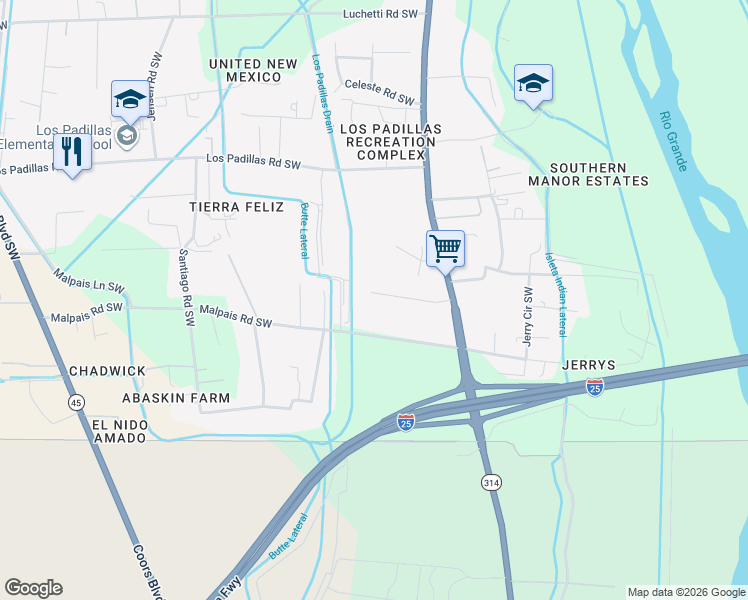 map of restaurants, bars, coffee shops, grocery stores, and more near 2205 Malpais Road Southwest in Albuquerque