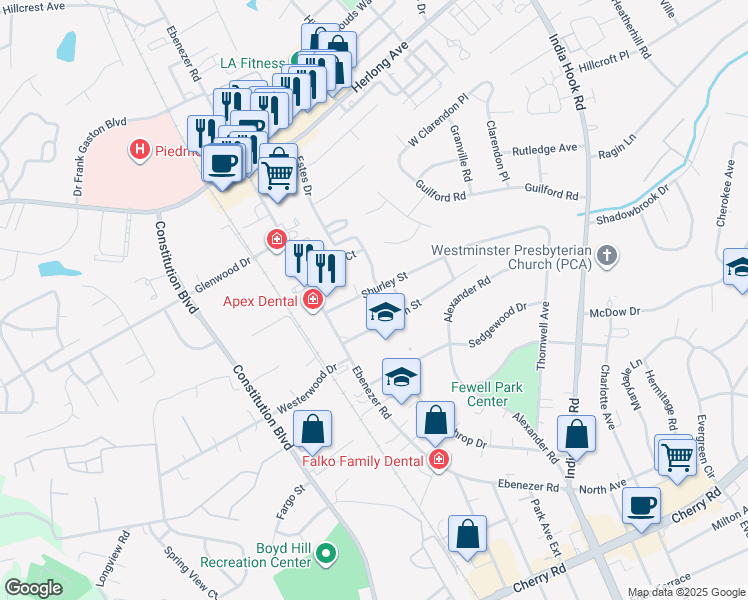 map of restaurants, bars, coffee shops, grocery stores, and more near 135 Dotson Street in Rock Hill