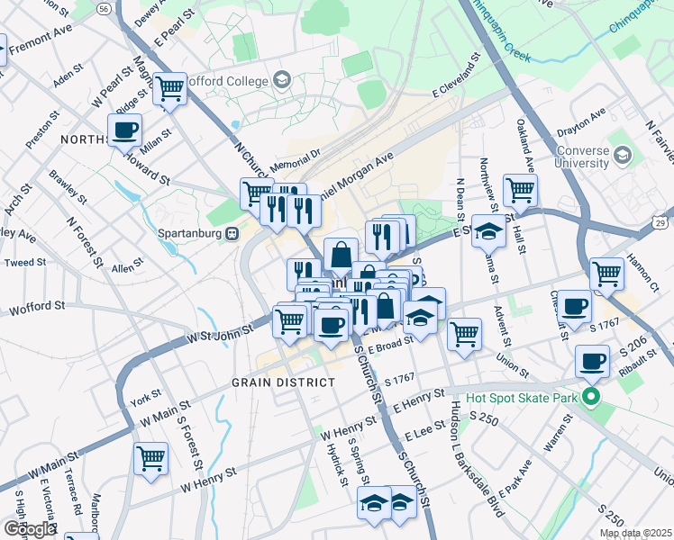 map of restaurants, bars, coffee shops, grocery stores, and more near in Spartanburg