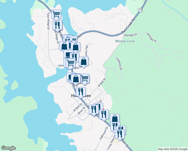 map of restaurants, bars, coffee shops, grocery stores, and more near 236 North Main Street in Hiawassee
