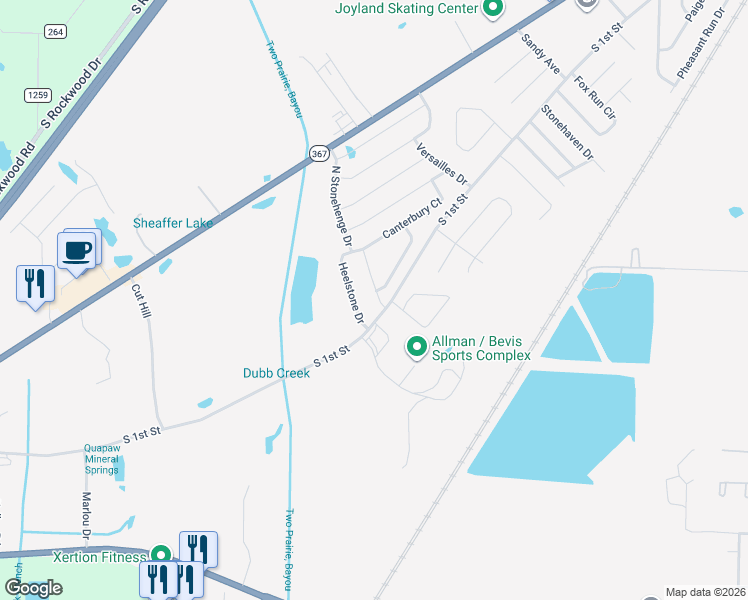 map of restaurants, bars, coffee shops, grocery stores, and more near 2901 South 1st Street in Cabot