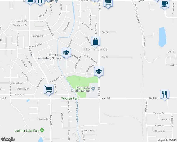 map of restaurants, bars, coffee shops, grocery stores, and more near 6270 Foxbriar Drive in Horn Lake