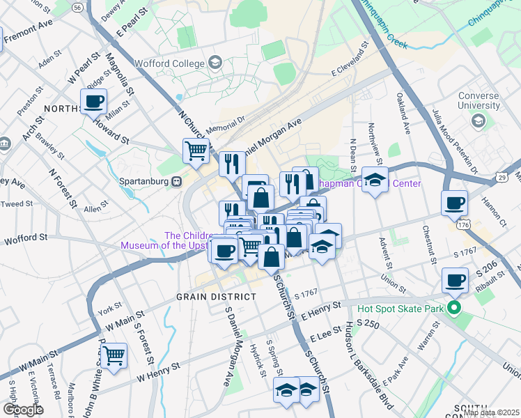 map of restaurants, bars, coffee shops, grocery stores, and more near 187 North Church Street in Spartanburg