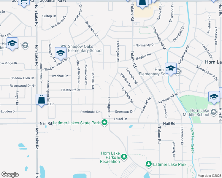 map of restaurants, bars, coffee shops, grocery stores, and more near 3416 Fairmeadow Drive in Horn Lake