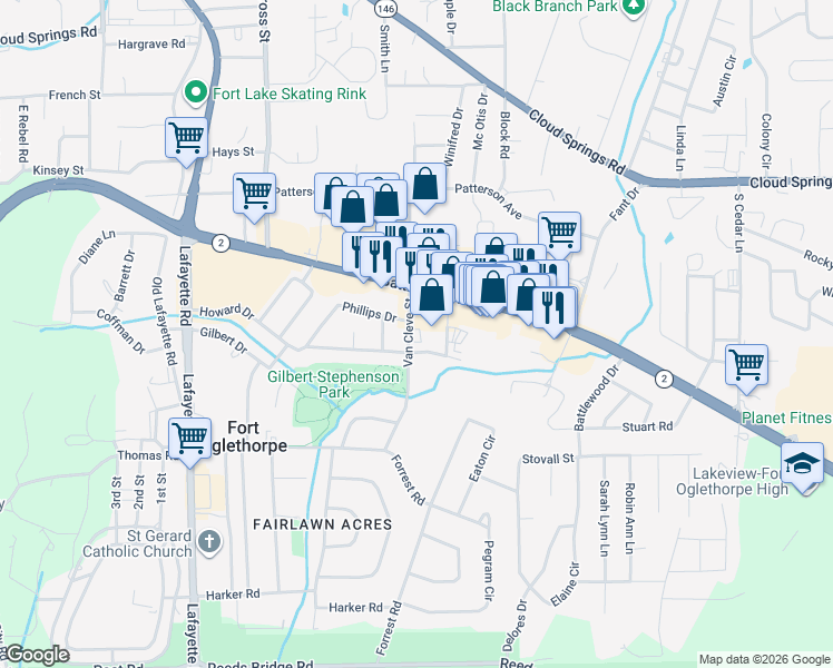 map of restaurants, bars, coffee shops, grocery stores, and more near 112 Van Cleve Street in Fort Oglethorpe